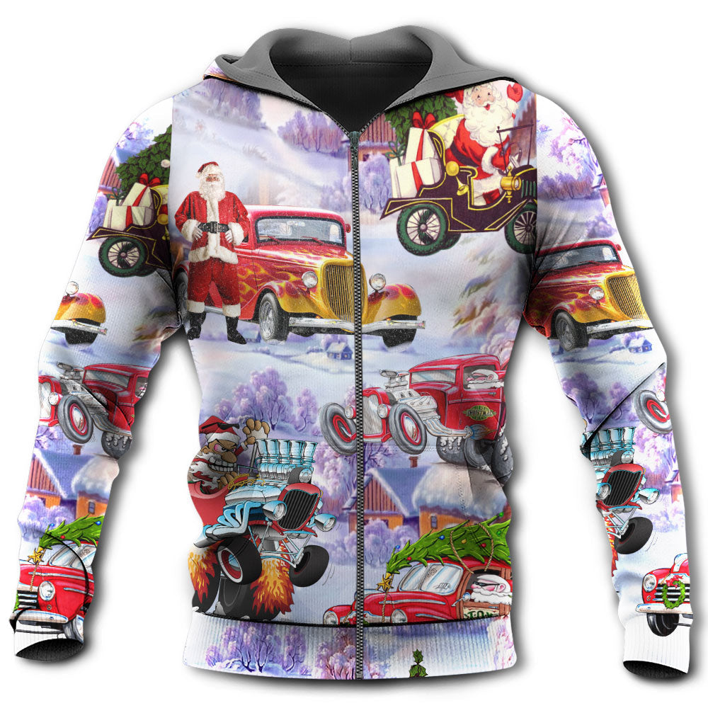 Santa Hot Rod Christmas Tree Hoodie For Winter Adventures Family Gatherings And Festive Everyday Style
