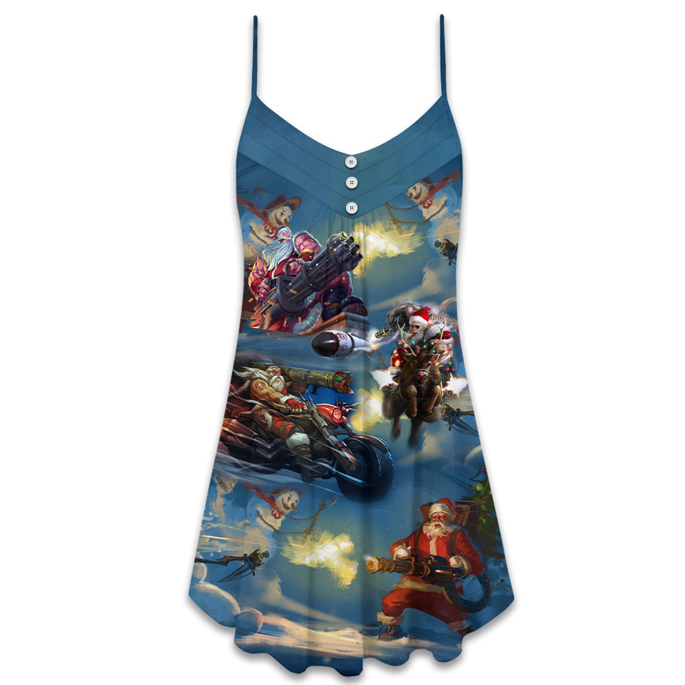 Christmas Santa Winter Battle Scene V-Neck Sleeveless Cami Dress For Festive Events And Casual Summer Styling