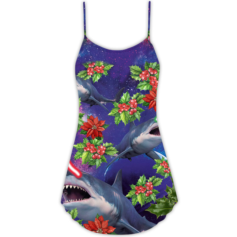 Shark Lazy Eyes Christmas Fun V-Neck Sleeveless Cami Dress For Festive Events And Casual Summer Styling