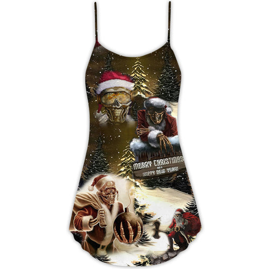 Skull Merry Xmas Happy New Year – Women's Summer Sleeveless V-Neck Camisole Dress