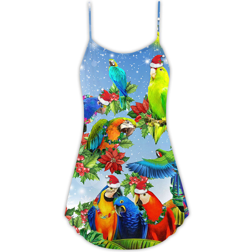 Parrot Couple Merry Christmas V-Neck Sleeveless Cami Dress For Festivals Travel And Relaxed Casual Summer Wear