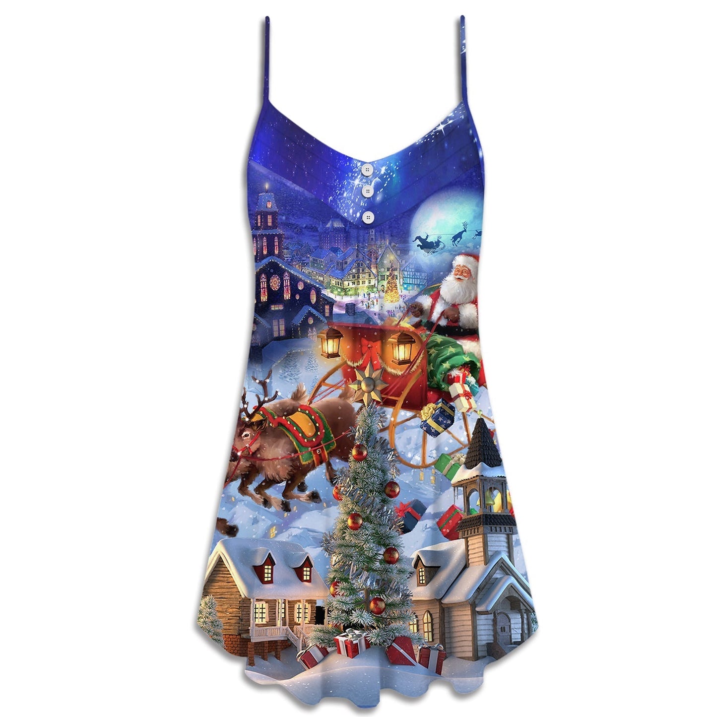 Christmas Santa And Reindeer Gifts V-Neck Sleeveless Cami Dress For Summer Events And Comfortable Everyday Style