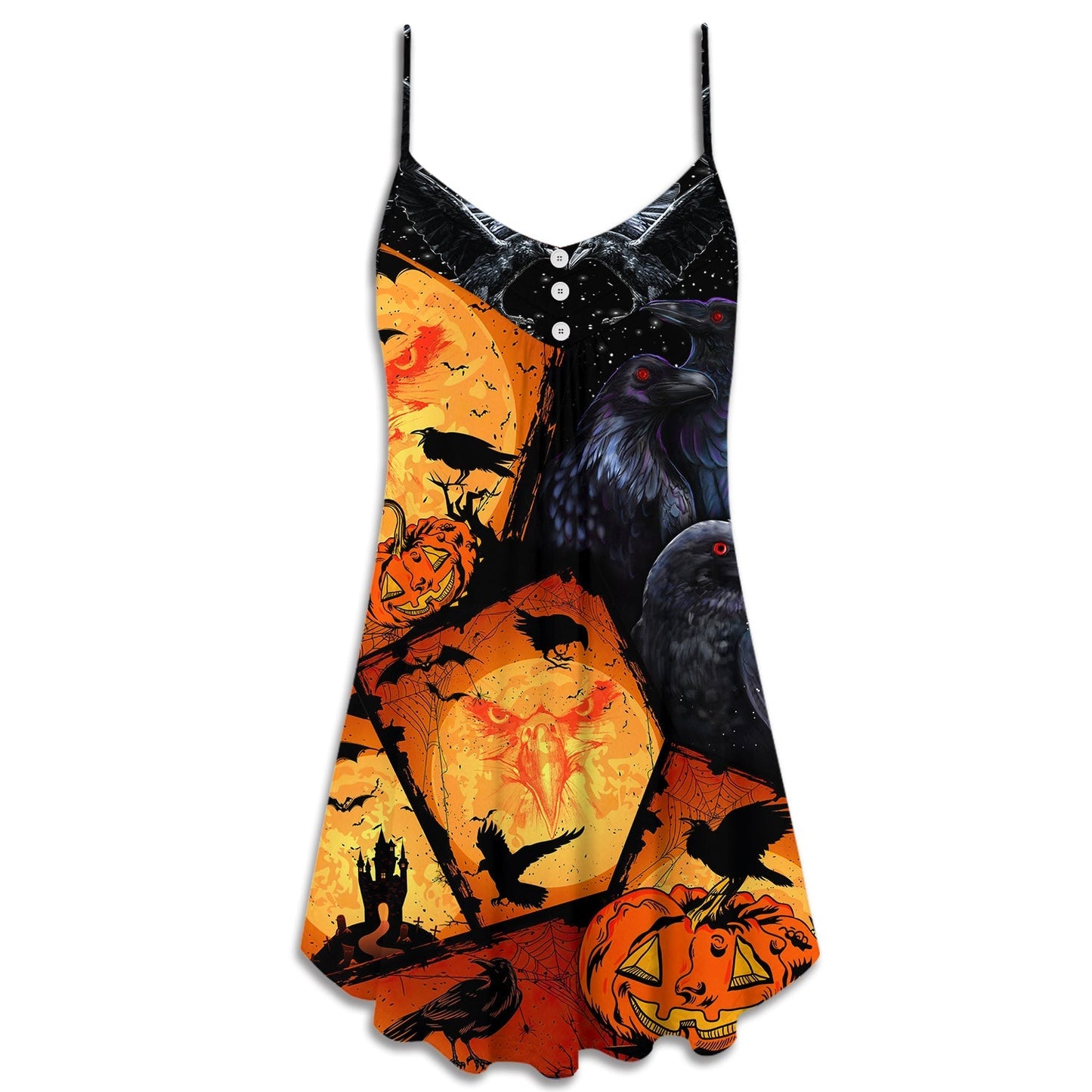 Halloween Raven Pumpkin Scary V-Neck Sleeveless Cami Dress For Festivals Travel And Relaxed Casual Summer Wear