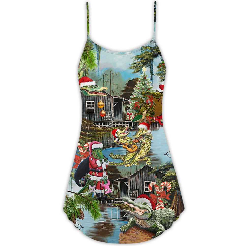 Christmas See You Later Alligator V-Neck Sleeveless Cami Dress For Festive Events And Casual Summer Styling