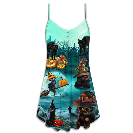 Halloween Black Cat Pumpkin Scary Style – Women's Summer Sleeveless V-Neck Camisole Dress
