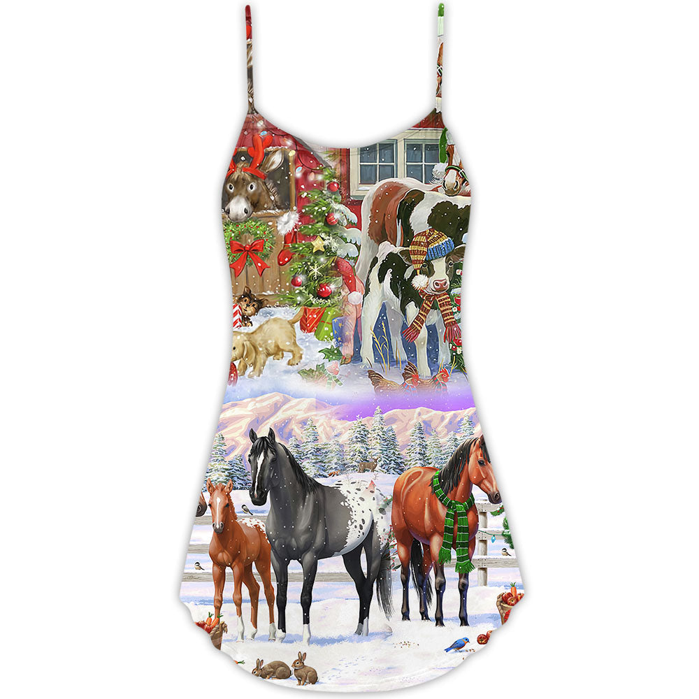 Christmas Farm Holiday Cheer To Everyone V-Neck Sleeveless Cami Dress For Vacations And Casual Warm Weather Wear