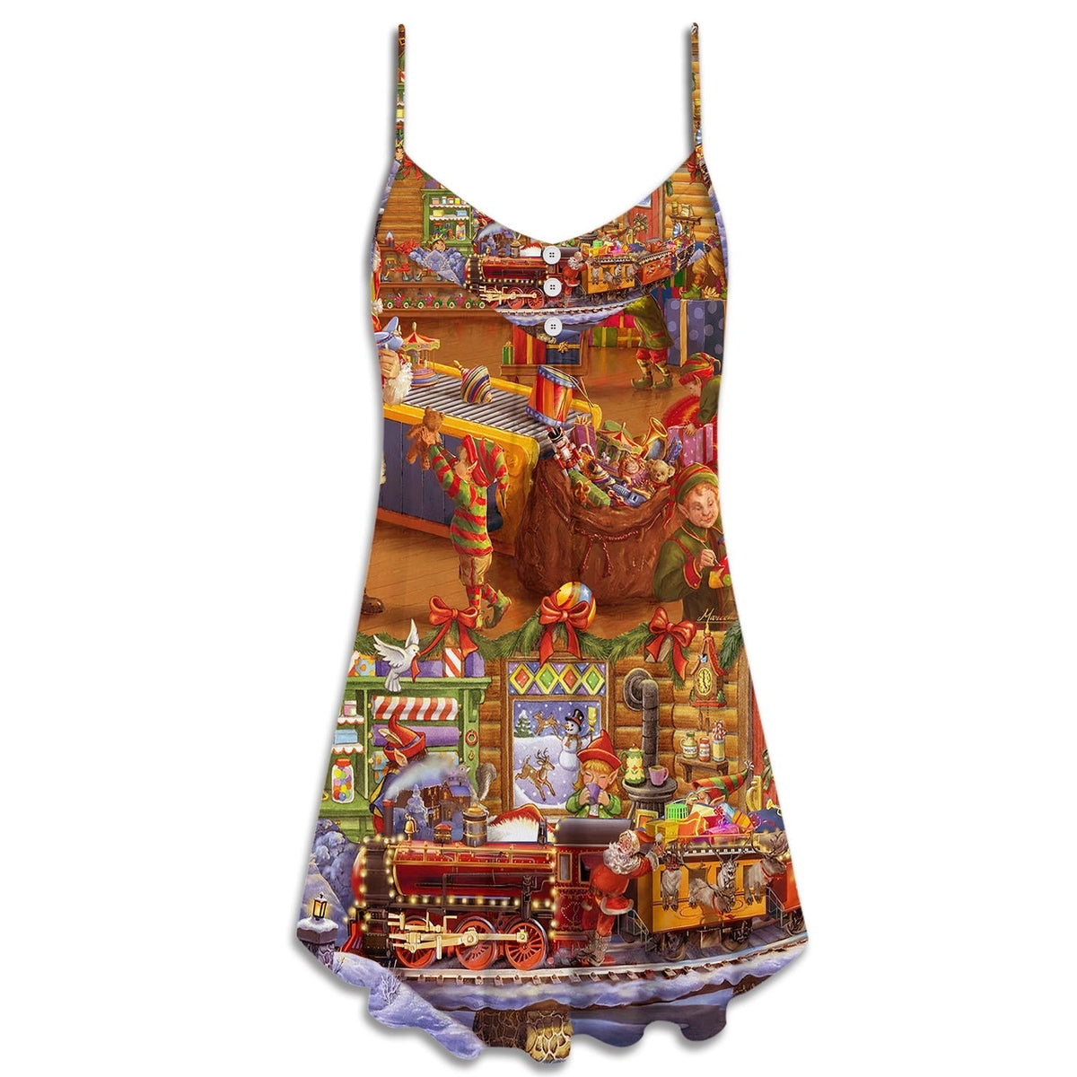 Christmas Santa Happiness Train V-Neck Sleeveless Cami Dress For Festive Events And Casual Summer Styling