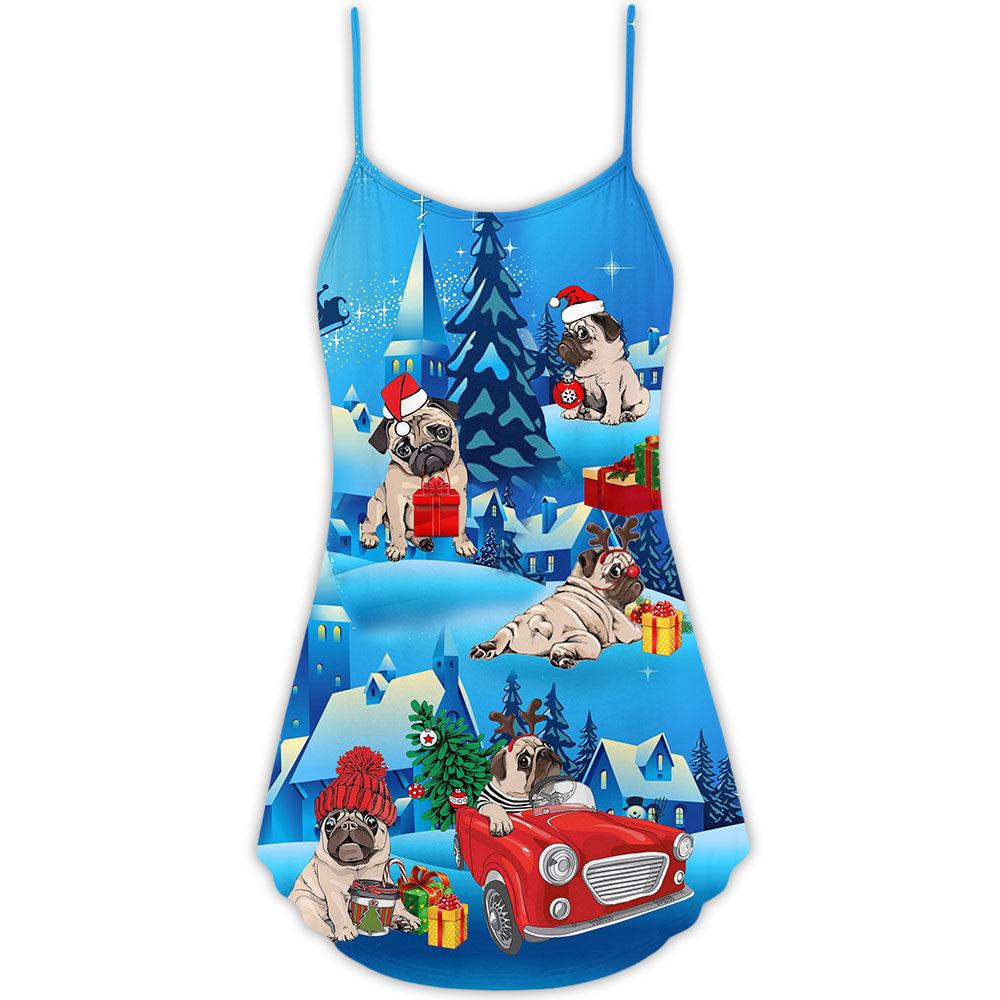 Pug Santa Merry Christmas Snow V-Neck Sleeveless Cami Dress For Festivals Travel And Relaxed Casual Summer Wear