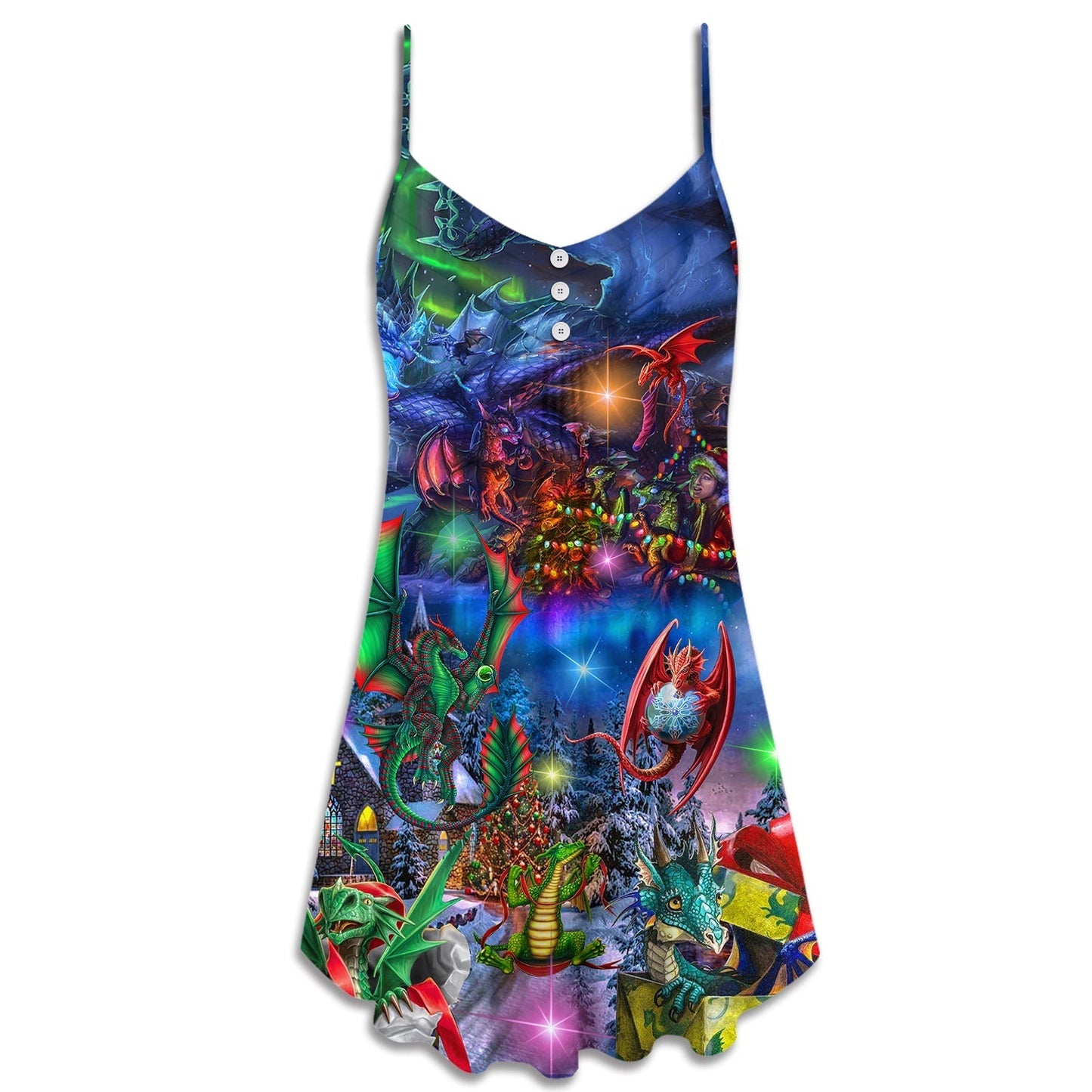 Christmas Dragon Light Art V-Neck Sleeveless Cami Dress For Festivals Travel And Relaxed Casual Summer Wear