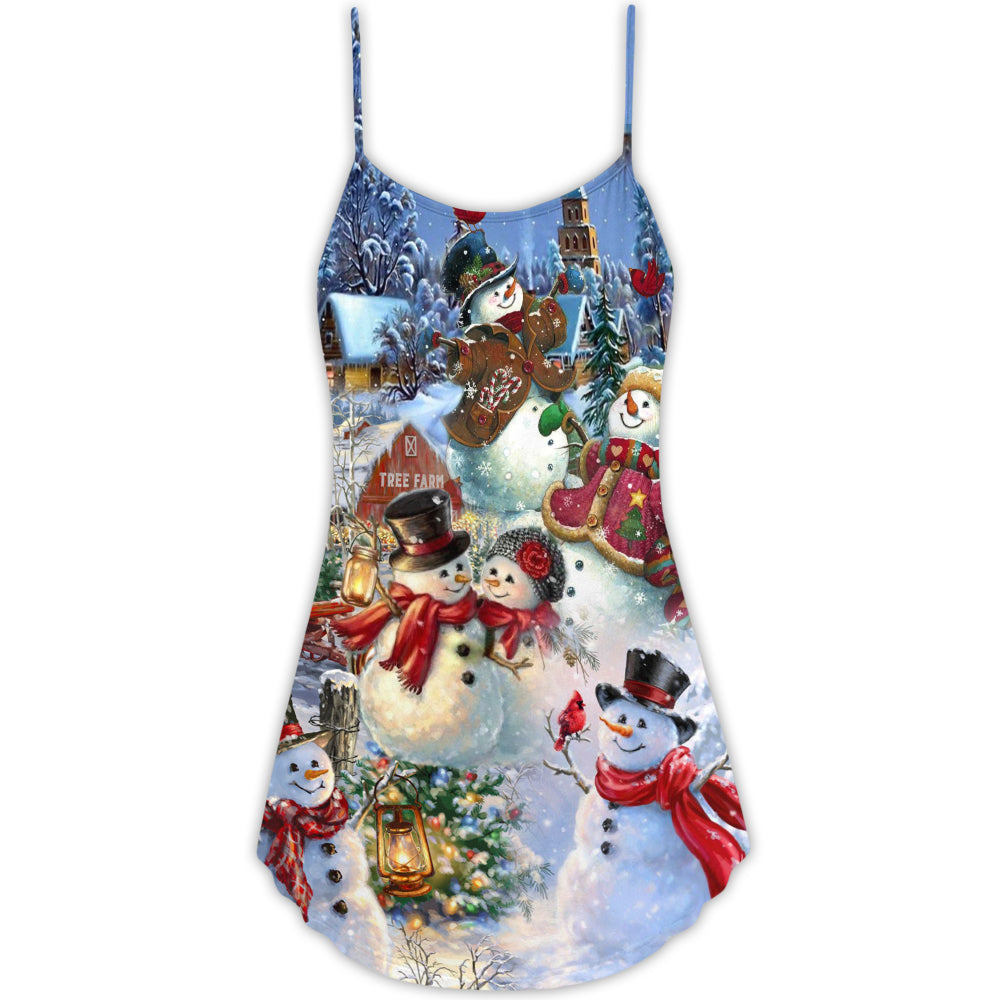 Snowman Couple Winter Love V-Neck Sleeveless Cami Dress For Summer Events And Comfortable Everyday Style