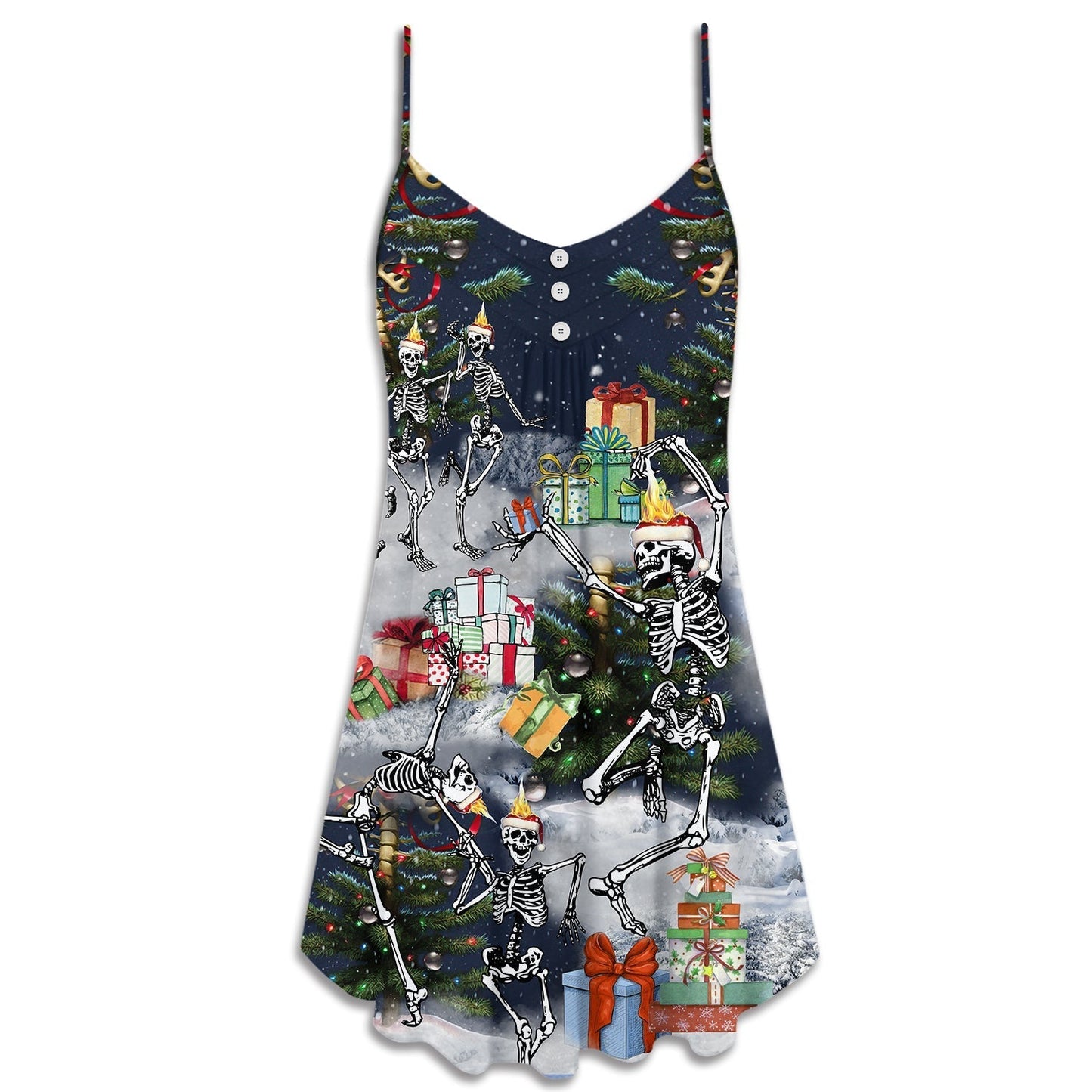 Christmas Skull Dancing Holiday V-Neck Sleeveless Cami Dress For Festive Events And Casual Summer Styling