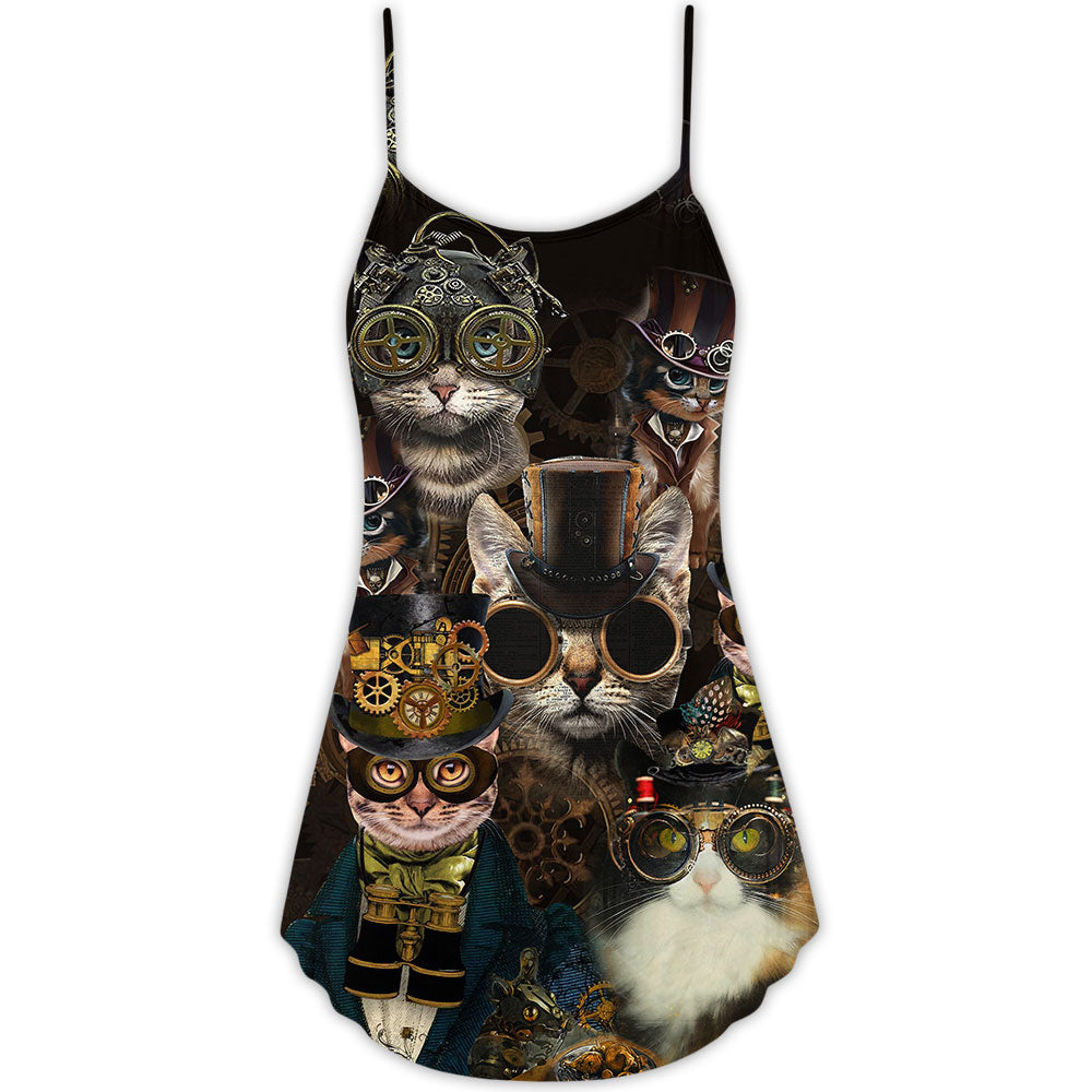 Steampunk Cat Machine Lover V-Neck Sleeveless Cami Dress For Festivals Travel And Relaxed Casual Summer Wear