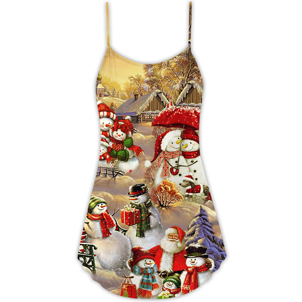 Christmas Snowman Couple Love V-Neck Sleeveless Cami Dress For Festive Events And Casual Summer Styling