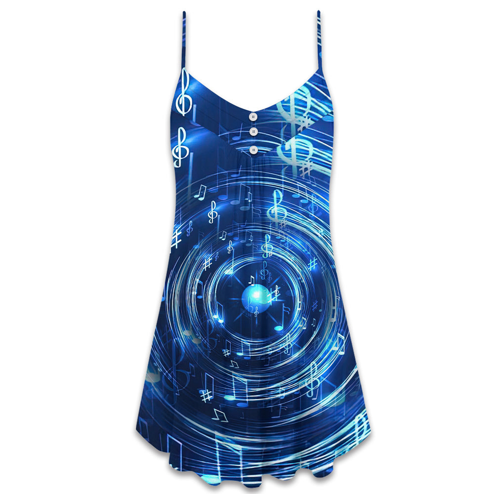 Music Neon Circle Notes V-Neck Sleeveless Cami Dress For Music Festivals Summer Parties And Creative Casual Wear