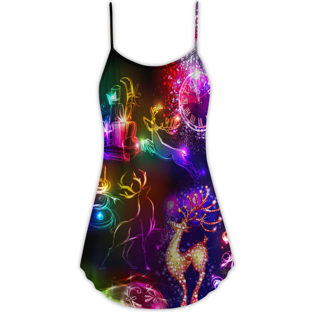 Neon Reindeer Bright Lights V-Neck Sleeveless Cami Dress For Festive Events And Casual Summer Styling