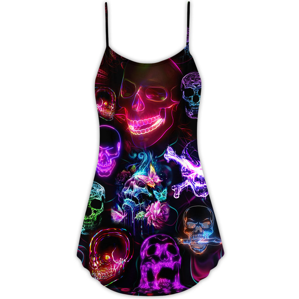 Skull Neon Holiday Art V-Neck Sleeveless Cami Dress For Festivals Travel And Relaxed Casual Summer Wear