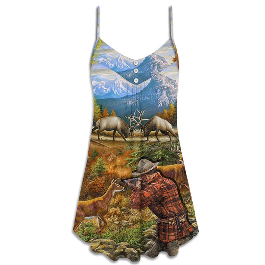 Hunting Deer Cool Art V-Neck Sleeveless Cami Dress For Summer Events And Comfortable Everyday Style