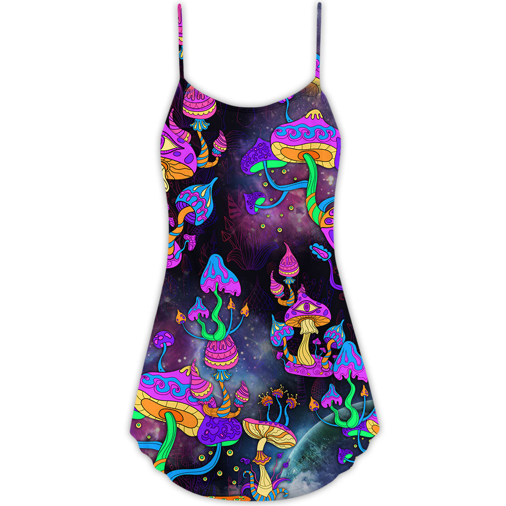 Hippie Mushroom Life Lover V-Neck Sleeveless Cami Dress For Festival Weekends Vacations And Relaxed Boho Fashion