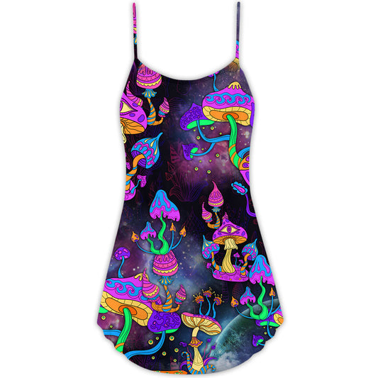 Hippie Mushroom Life Lover V-Neck Sleeveless Cami Dress For Festival Weekends Vacations And Relaxed Boho Fashion