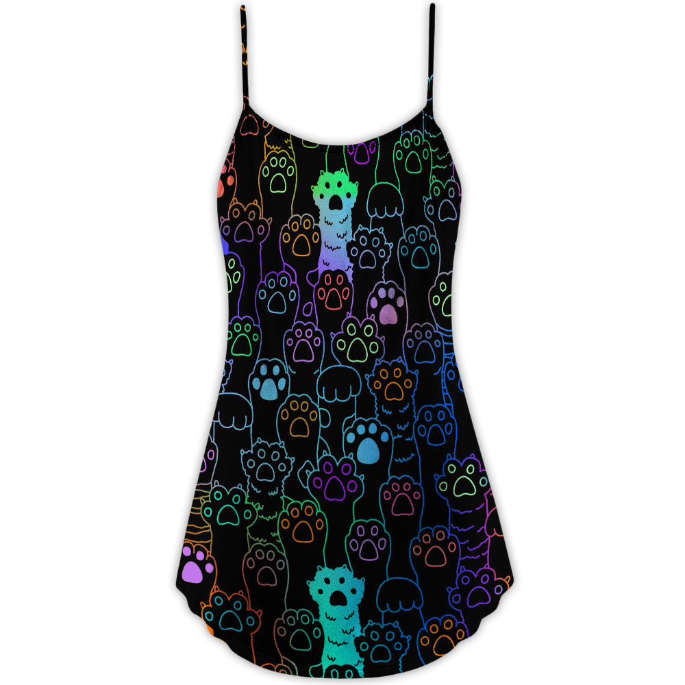 Cute Little Cat Paw Print V-Neck Sleeveless Cami Dress For Summer Vacations Festivals And Playful Casual Styling