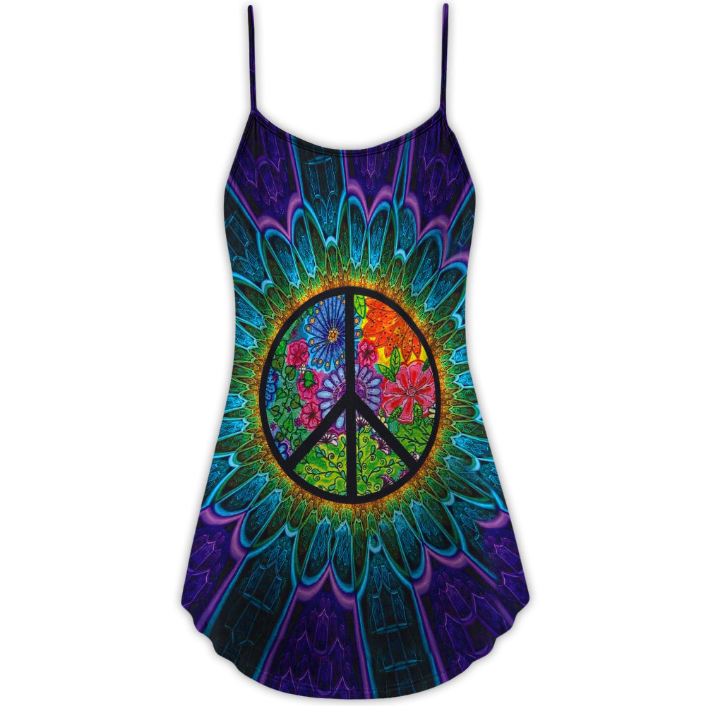 Hippie Peace Sign Lover V-Neck Sleeveless Cami Dress For Summer Getaways Parties And Expressive Hippie Style