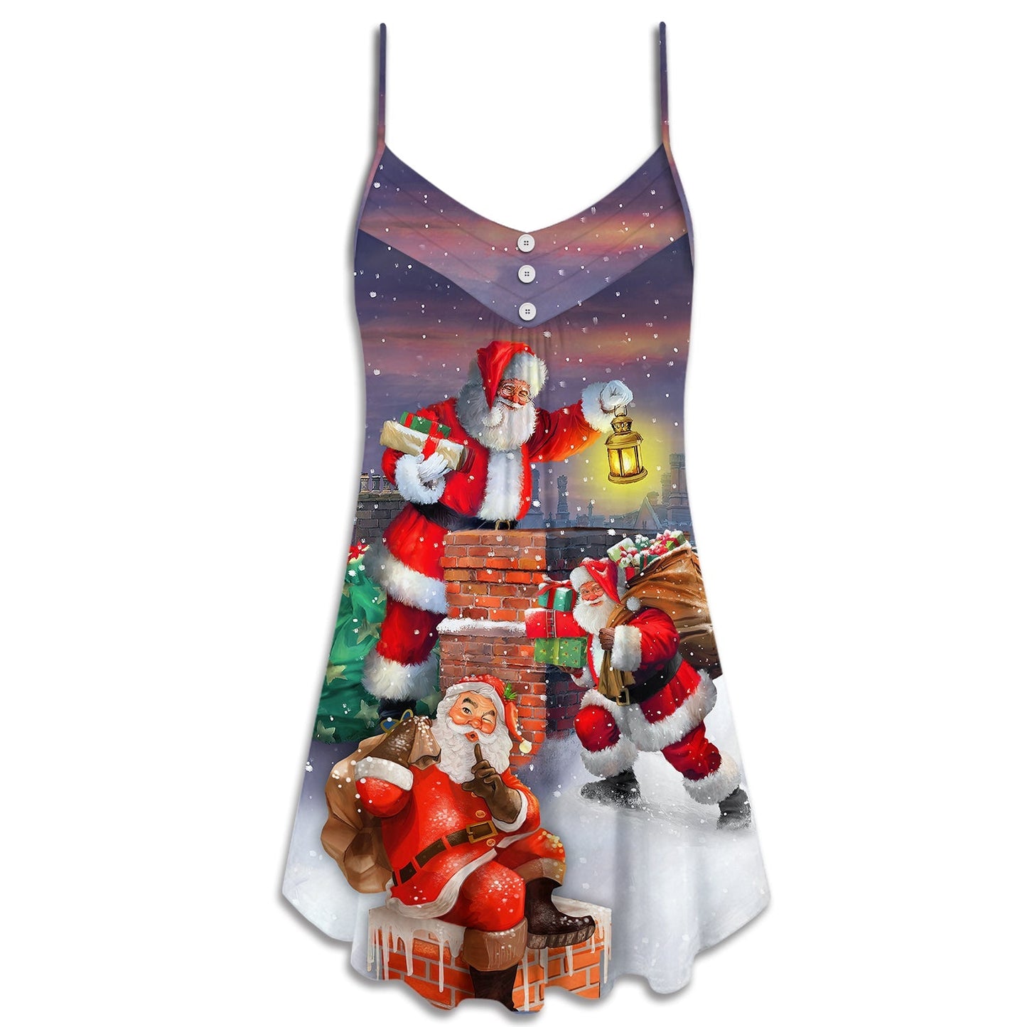 Santa Holiday Fun Art V-Neck Sleeveless Cami Dress For Summer Events And Comfortable Everyday Style