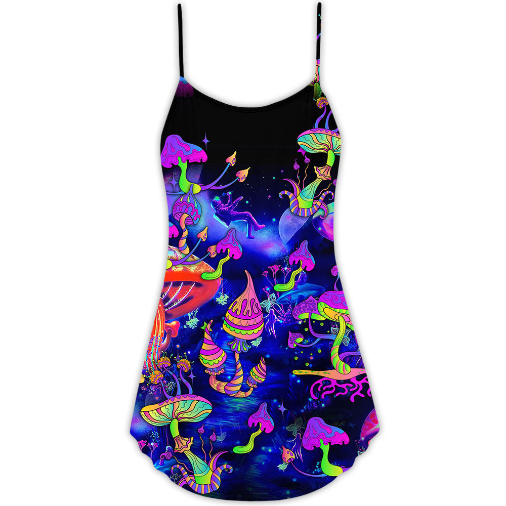 Hippie Mushroom Galaxy Colorful V-Neck Sleeveless Cami Dress For Festivals Travel And Relaxed Casual Summer Wear