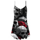 Skull Love Rose Gothic Style V-Neck Sleeveless Cami Dress For Festivals Travel And Relaxed Casual Summer Wear