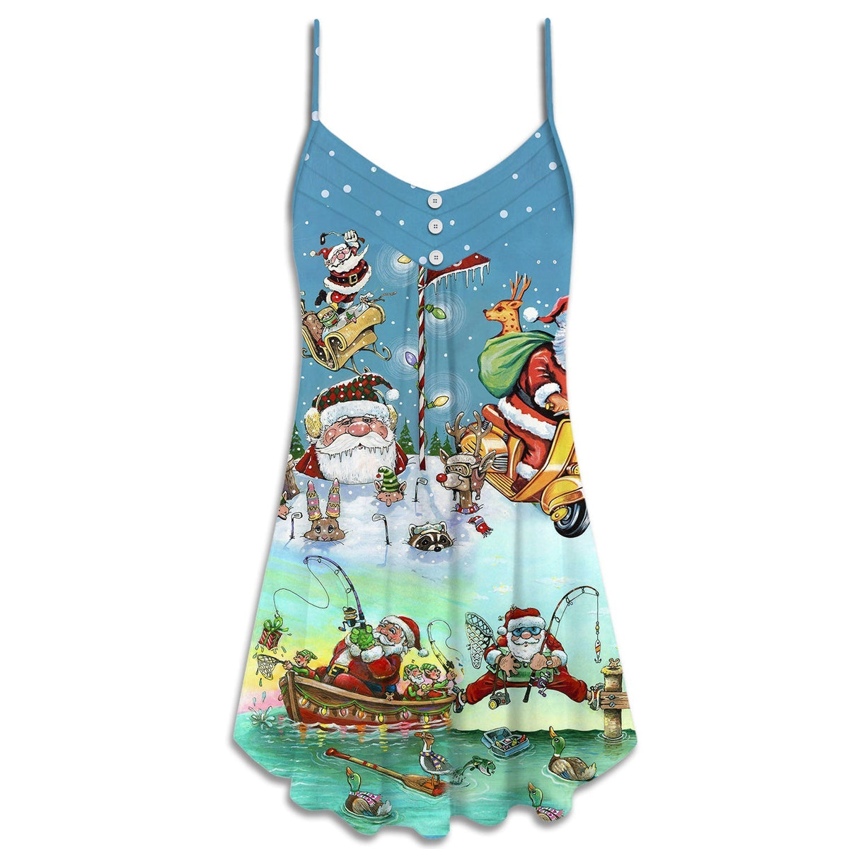 Christmas Cute Santa Happy Mood V-Neck Sleeveless Cami Dress For Festive Events And Casual Summer Styling