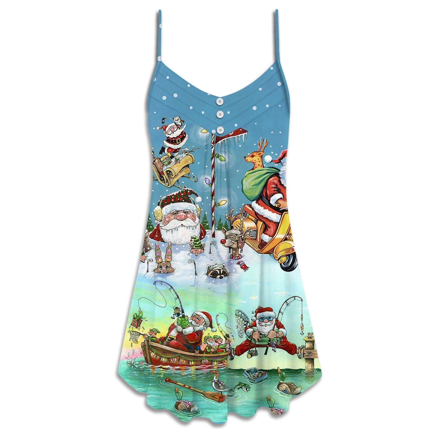 Christmas Cute Santa Happy Mood V-Neck Sleeveless Cami Dress For Festive Events And Casual Summer Styling