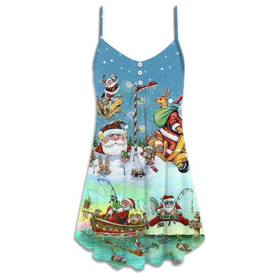 Christmas Cute Santa Happy Mood V-Neck Sleeveless Cami Dress For Festive Events And Casual Summer Styling