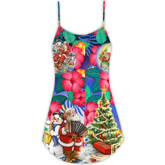 Tropical Flower Santa Merry Christmas Snow – Women's Summer Sleeveless V-Neck Camisole Dress
