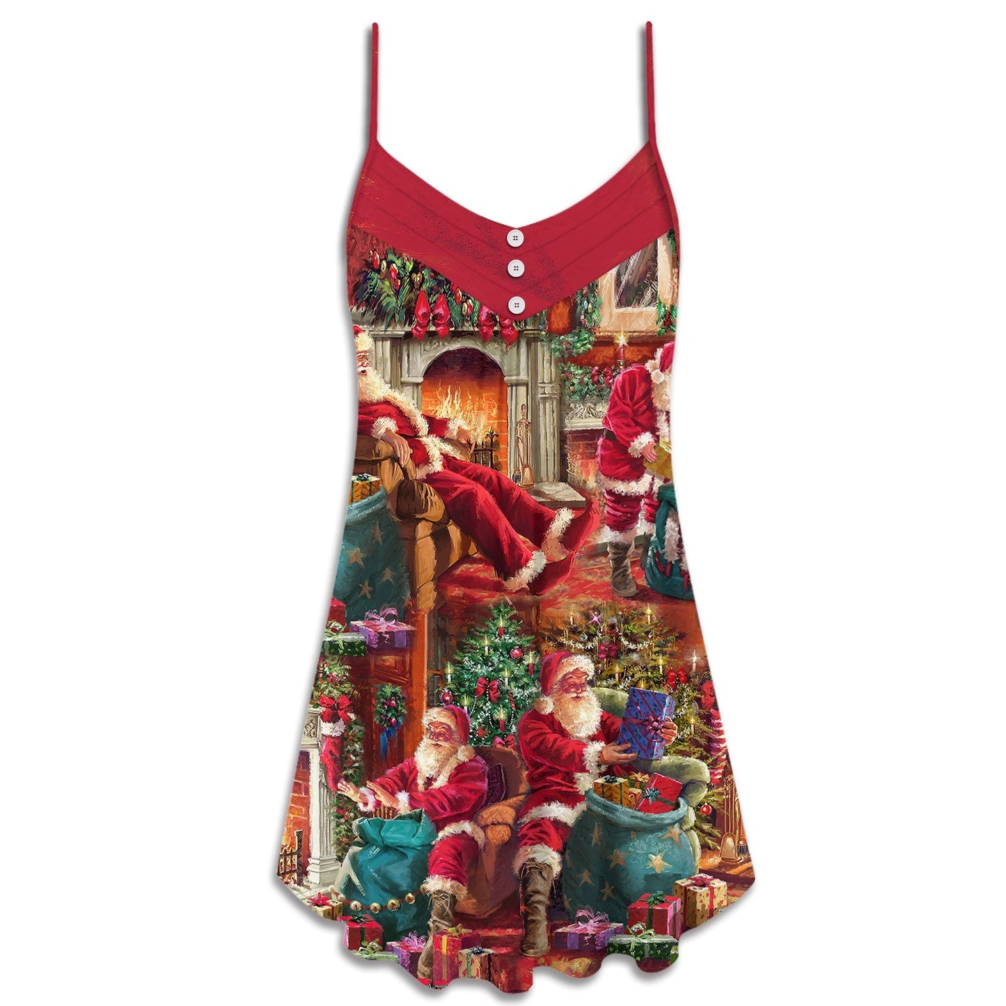 Santa Story Cozy Christmas Art V-Neck Sleeveless Cami Dress For Festivals Travel And Relaxed Casual Summer Wear