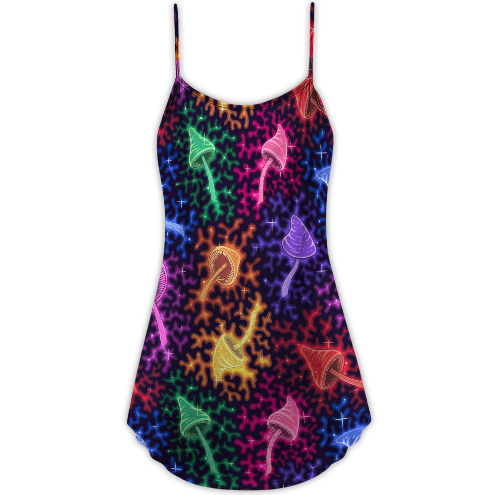 Mushroom Galaxy Rainbow Colorful V-Neck Sleeveless Cami Dress For Summer Events And Comfortable Everyday Style
