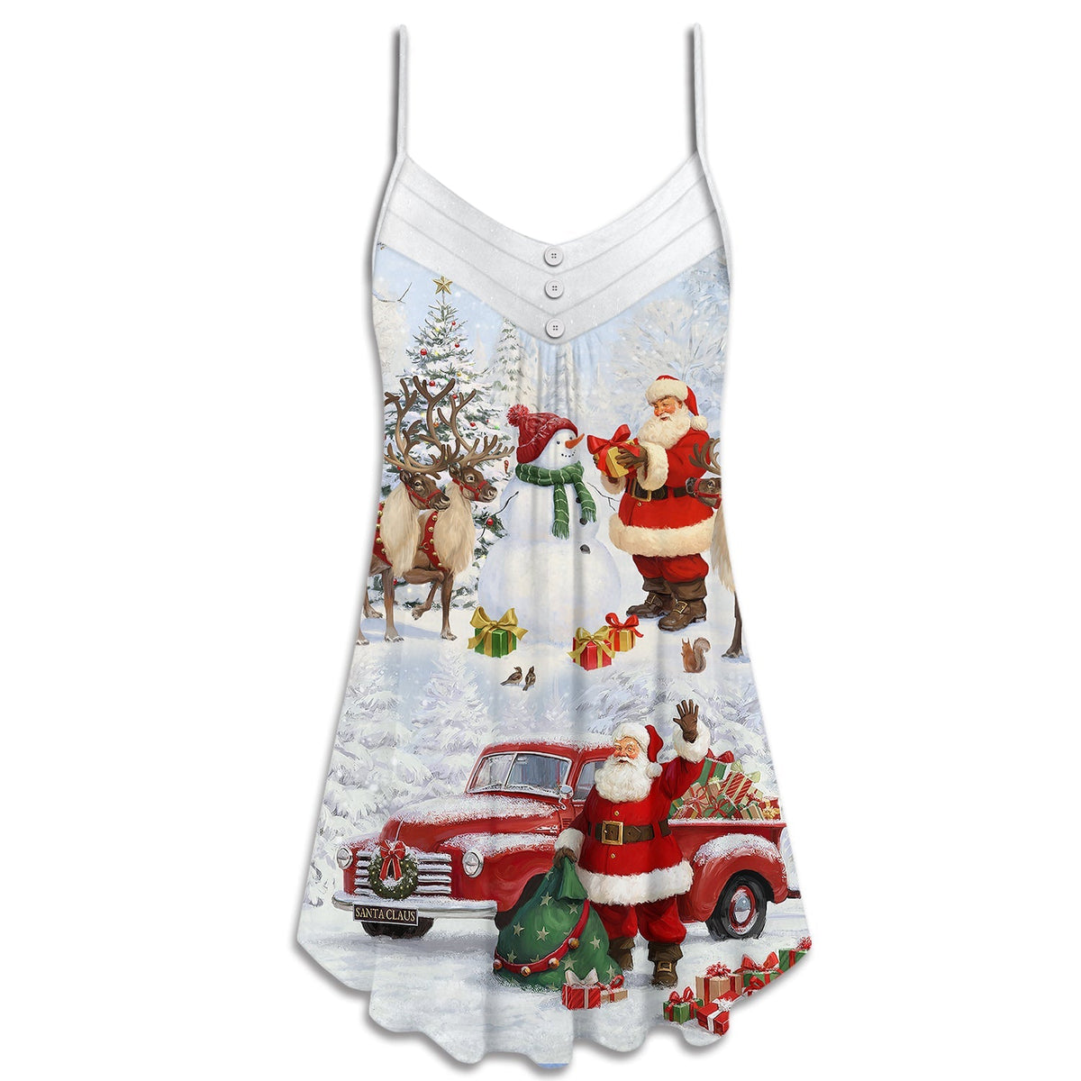 Santa Snow Gift Christmas V-Neck Sleeveless Cami Dress For Christmas Parties Travel And Bright Seasonal Fashion