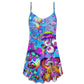 Hippie Mushroom Colorful Cool V-Neck Sleeveless Cami Dress For Festivals Vacations And Relaxed Artistic Styling
