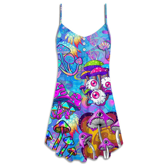 Hippie Mushroom Colorful Cool Style - V-neck Sleeveless Cami Dress - Owls Matrix LTD