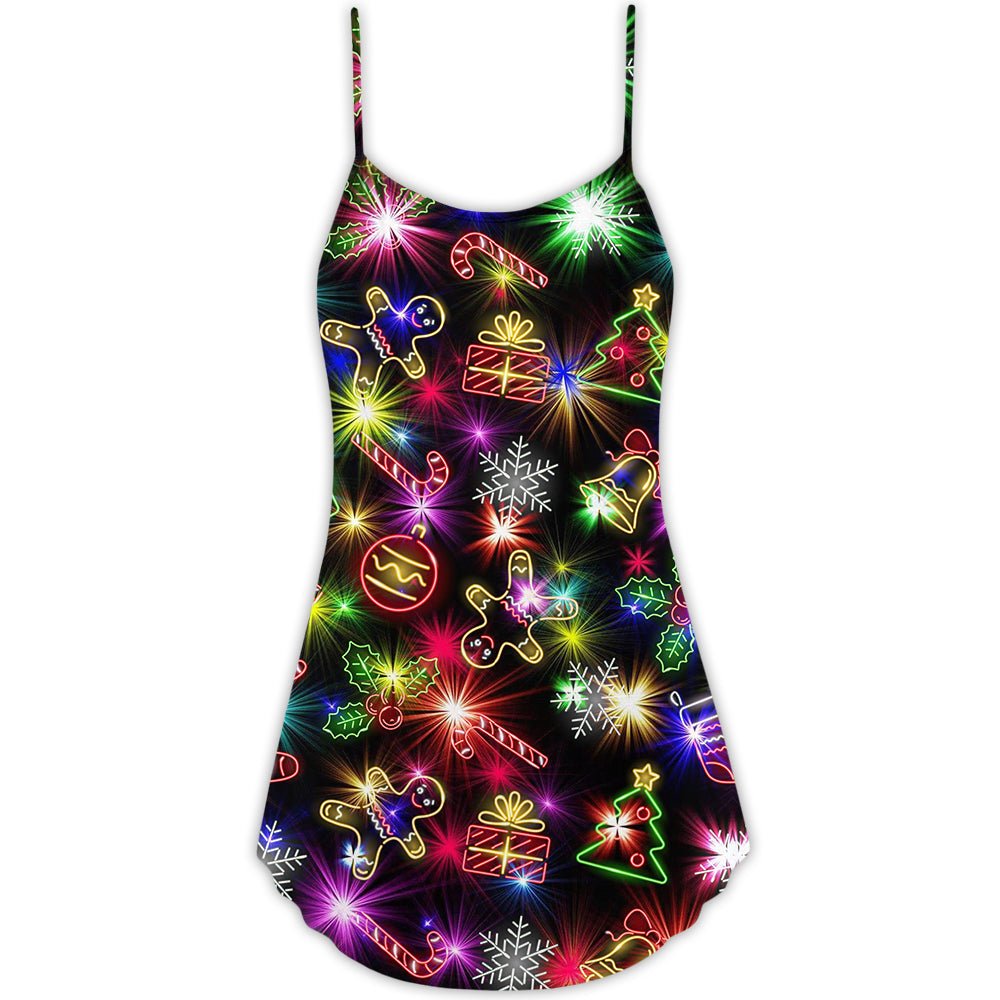 Christmas Tree Gifts Gingerbread Neon V-Neck Sleeveless Cami Dress For Vacations And Casual Warm Weather Wear