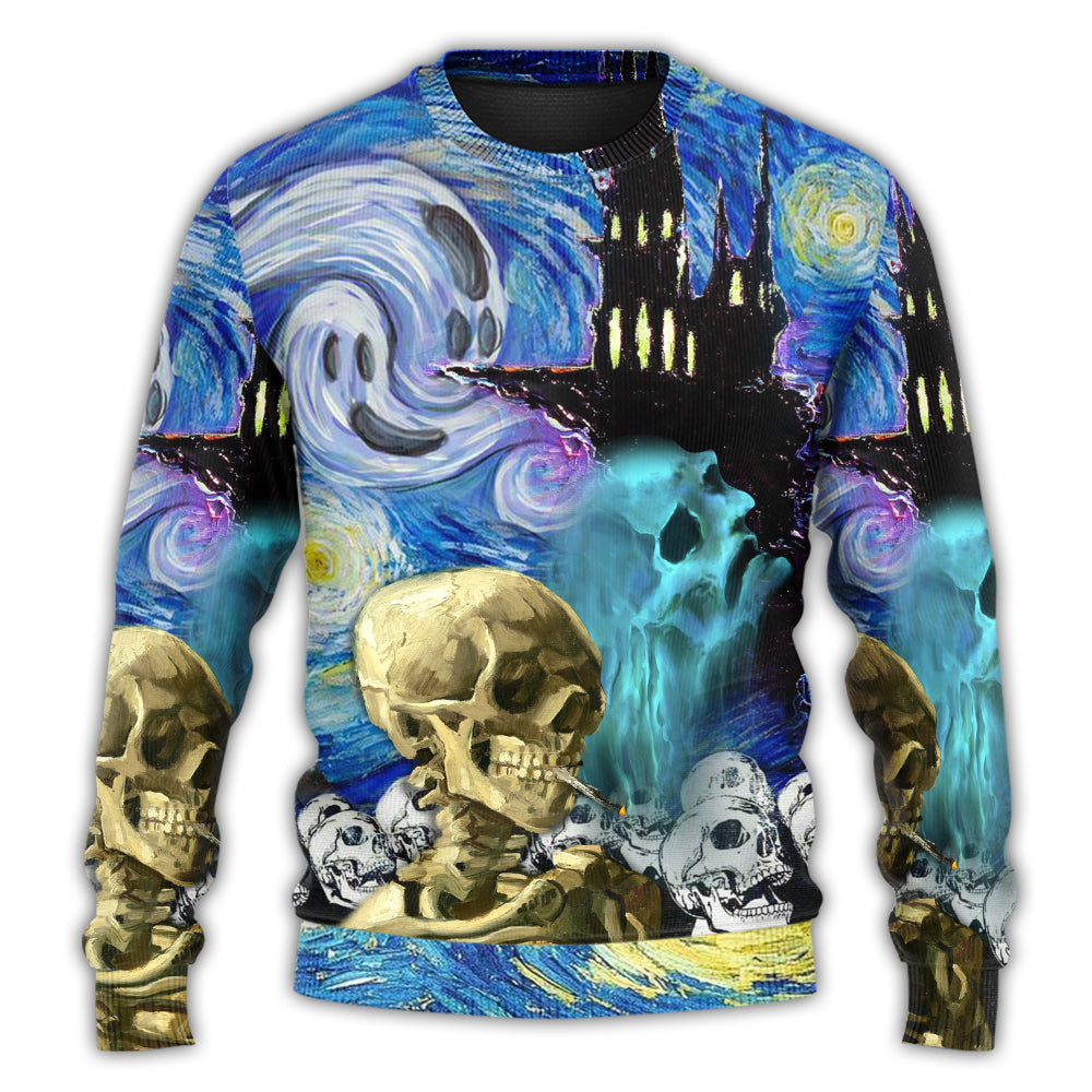 Halloween Skull Smoke Starry Night Sweater For Alternative Outfits Seasonal Events And Everyday Comfort