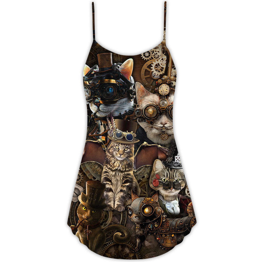 Steampunk Cat Mad Style V-Neck Sleeveless Cami Dress For Vacations And Casual Warm Weather Wear
