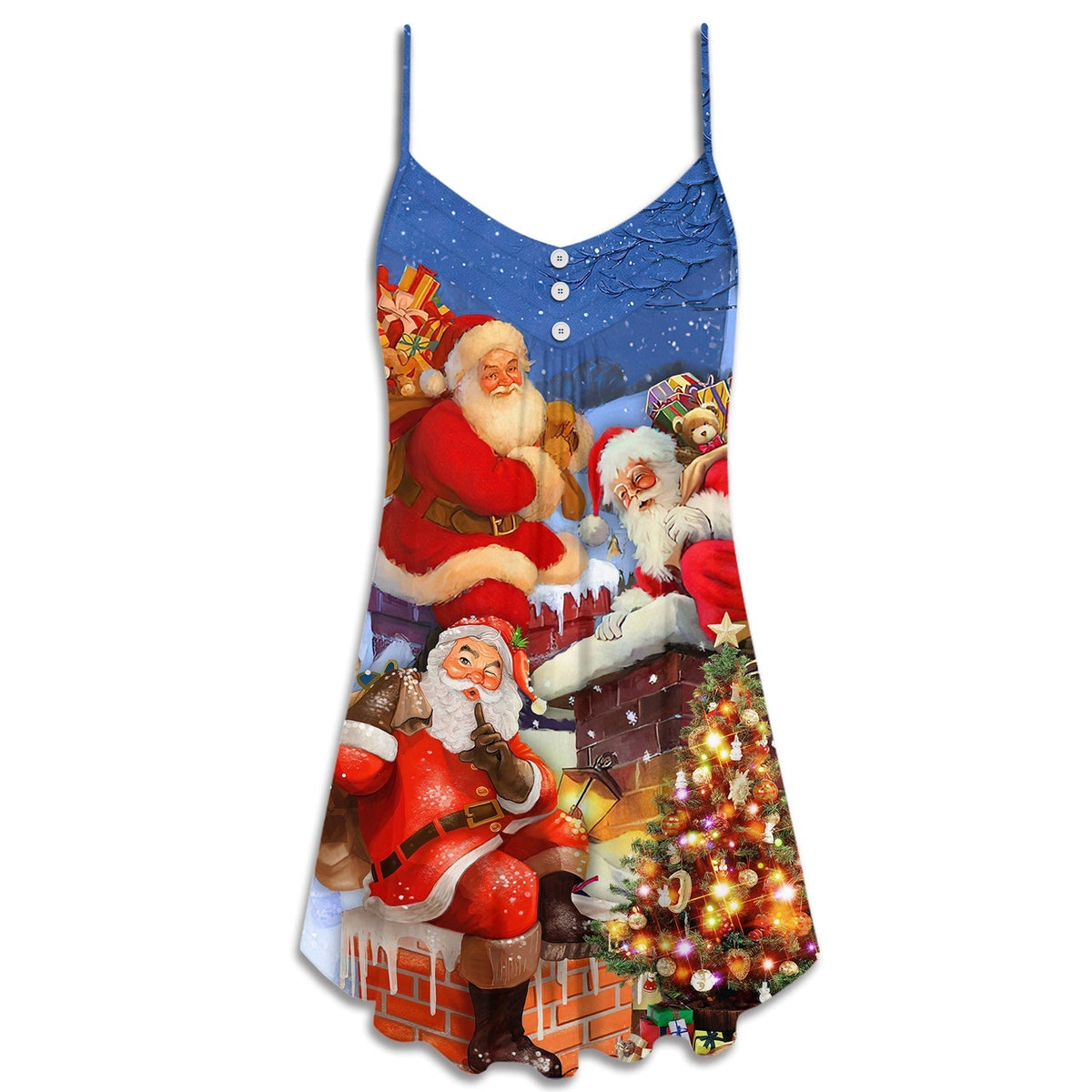 Christmas Rooftop Santa Art V-Neck Sleeveless Cami Dress For Festivals Travel And Relaxed Casual Summer Wear