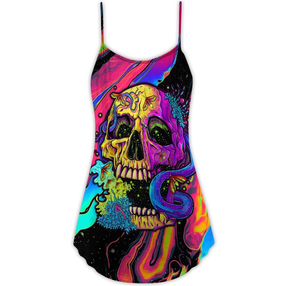 Neon Skull And Moth Night V-Neck Sleeveless Cami Dress For Vacations Parties And Expressive Warm Weather Styling
