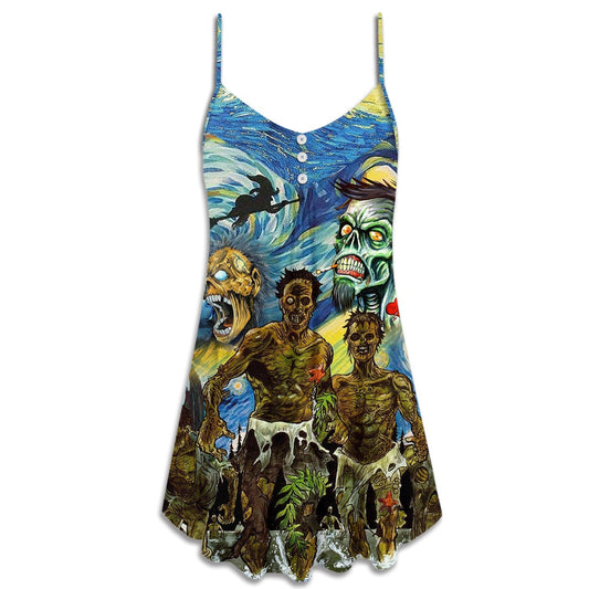 Halloween Zombie Starry Night Funny – Women's Summer Sleeveless V-Neck Camisole Dress