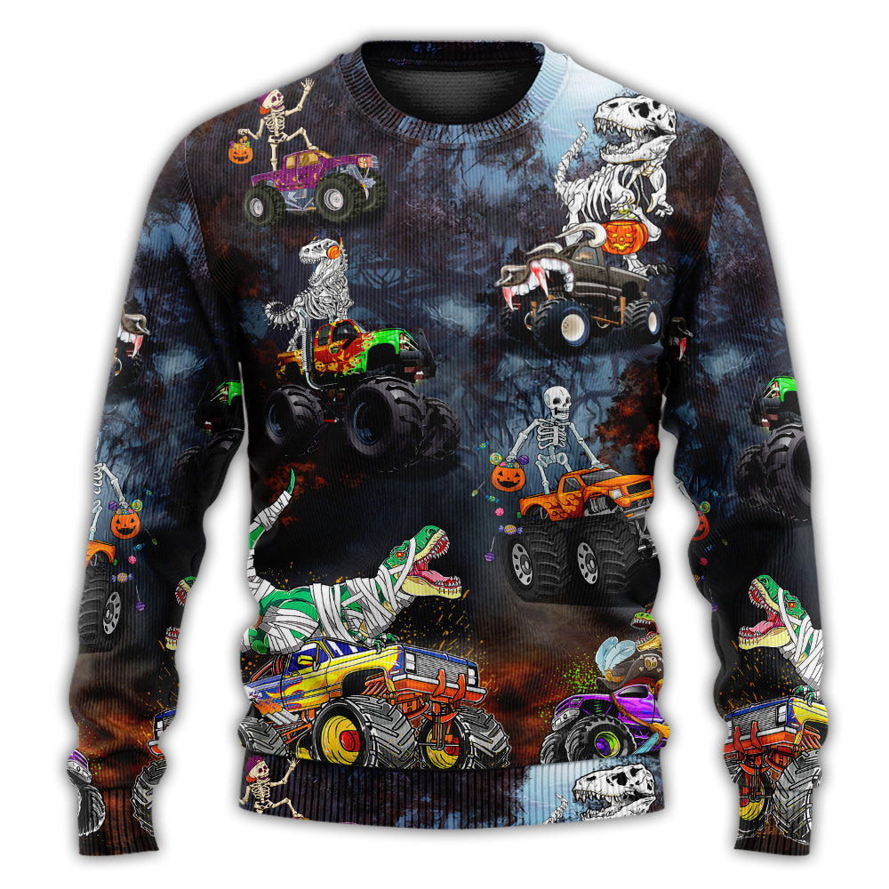 Halloween Skeleton Dinosaur Monster Truck Sweater For Art Lovers Holidays Parties And Comfortable Wear