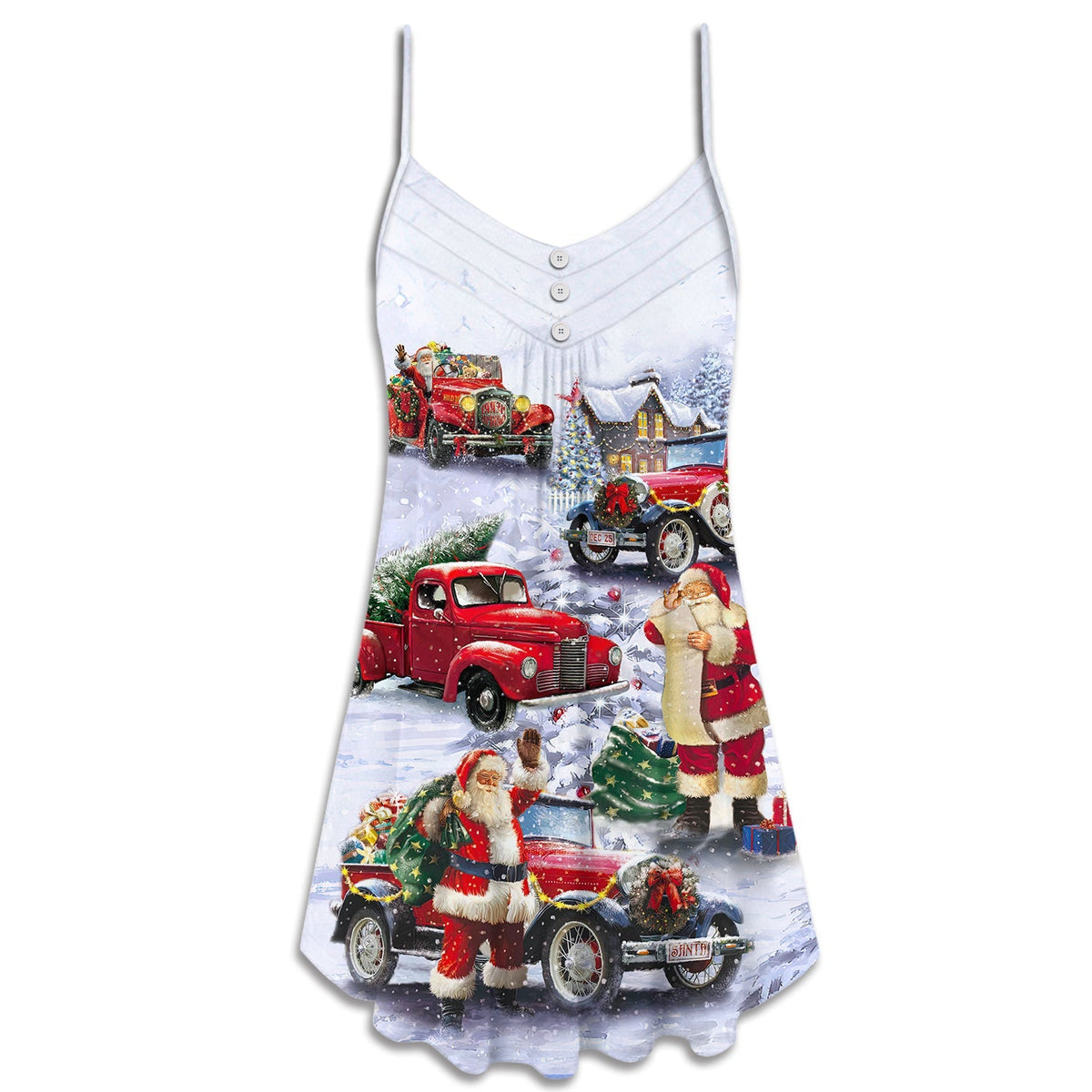 Santa Red Truck Gift V-Neck Sleeveless Cami Dress For Holiday Parties And Relaxed Vacation Wear