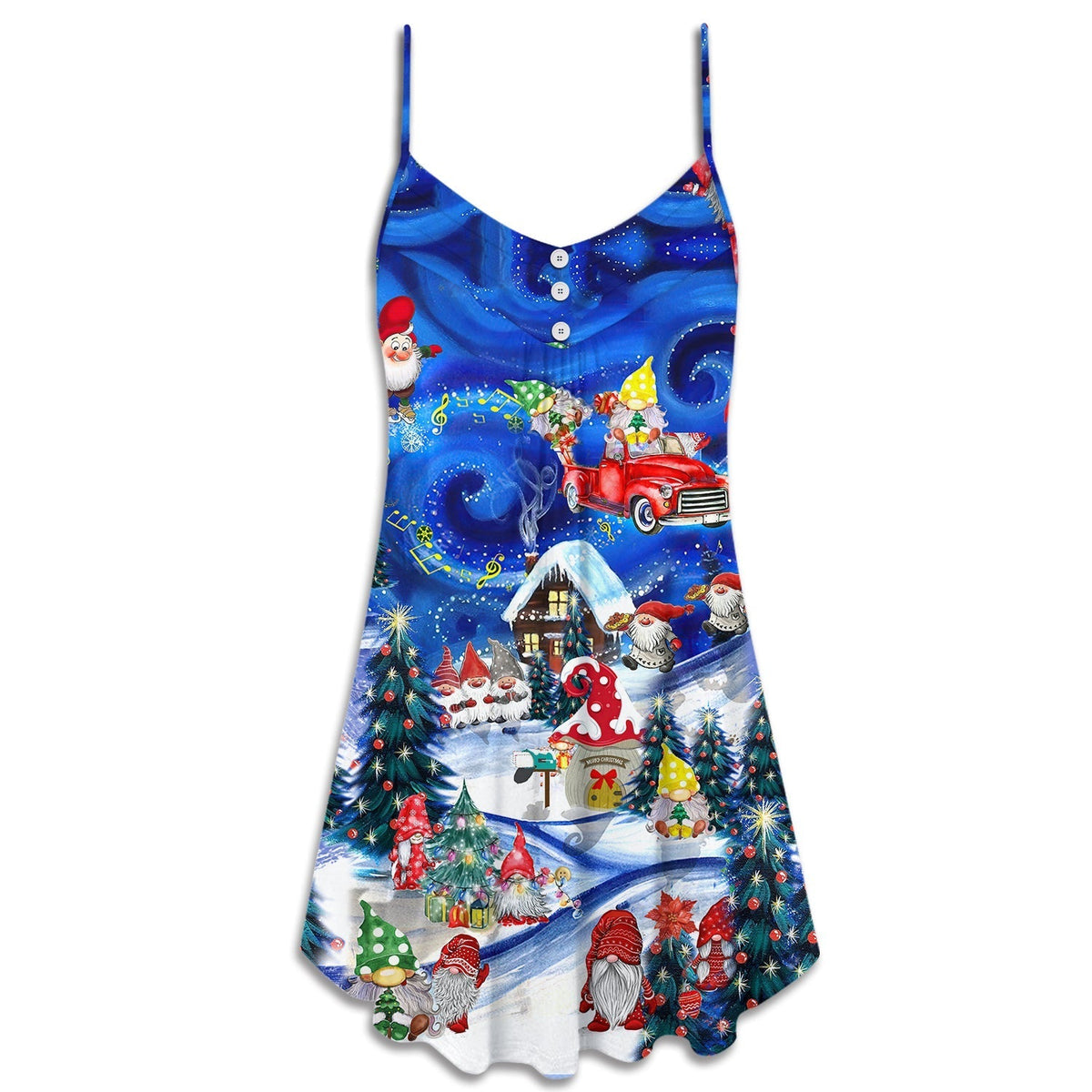 Christmas Hanging With Gnome Friends V-Neck Sleeveless Cami Dress For Vacations And Casual Warm Weather Wear