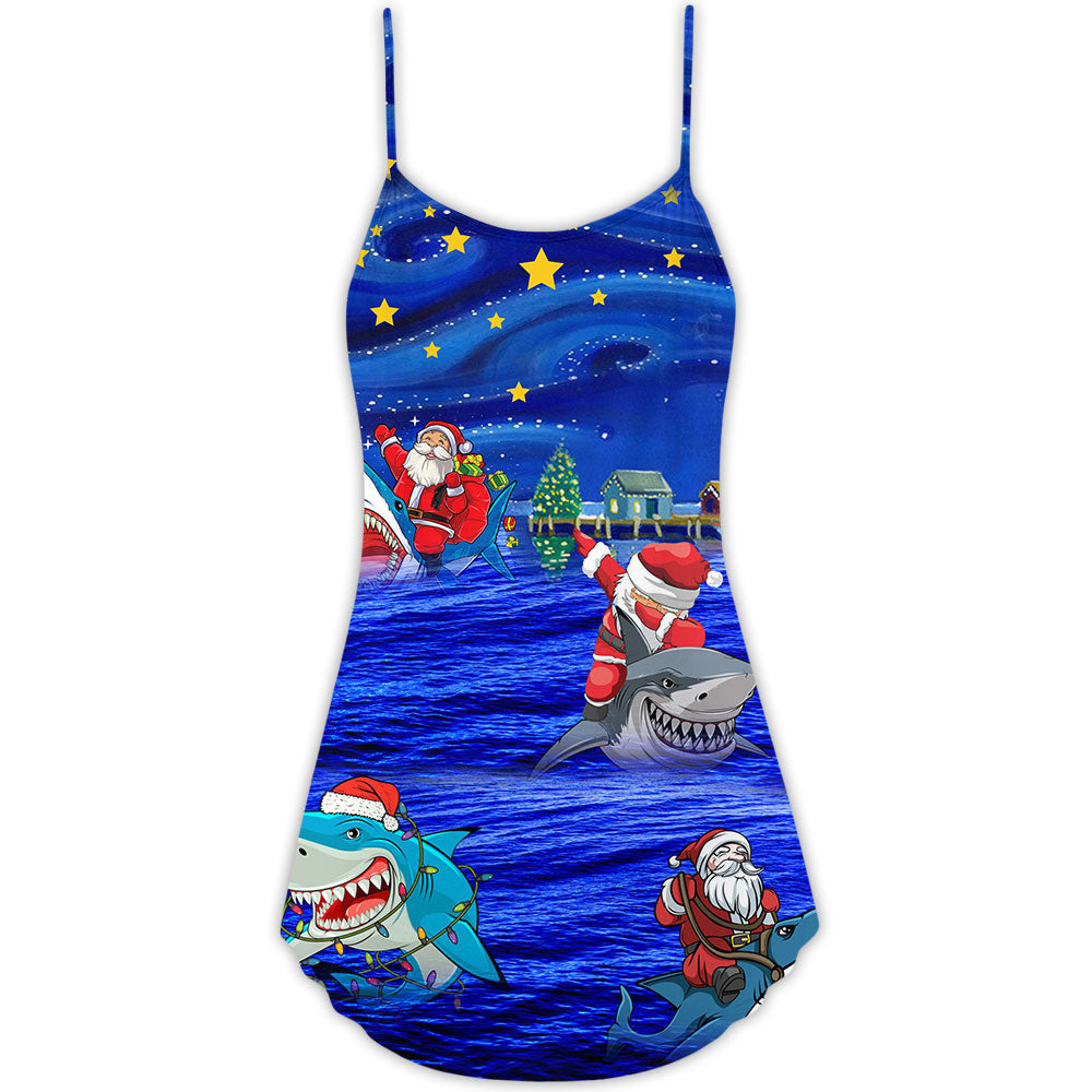 Shark And Santa Funny Holiday V-Neck Sleeveless Cami Dress For Festivals Travel And Relaxed Casual Summer Wear