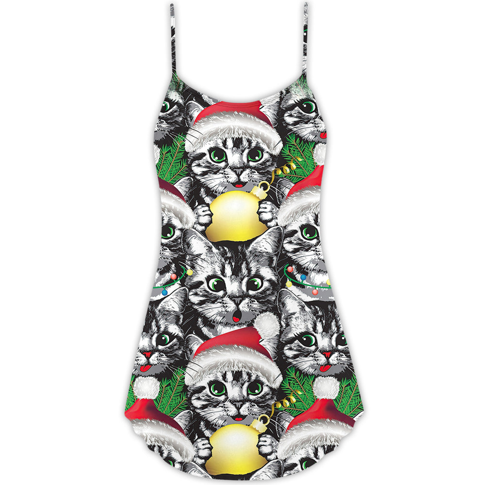 Christmas Meowy Cat Lover V-Neck Sleeveless Cami Dress For Festive Gatherings Travel And Casual Holiday Styling