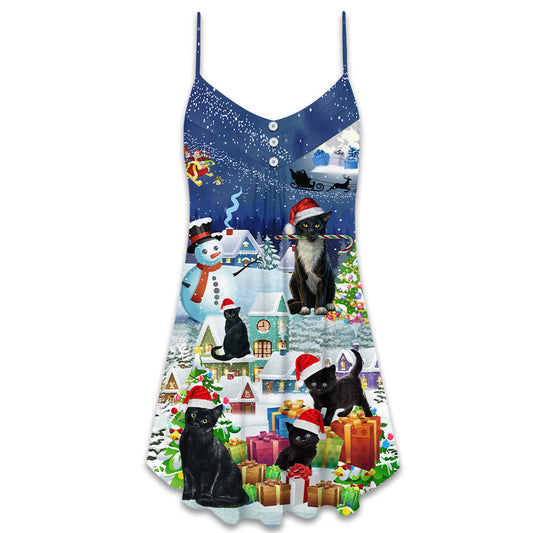 Black Cat Merry Catmas Christmas – Women's Summer Sleeveless V-Neck Camisole Dress