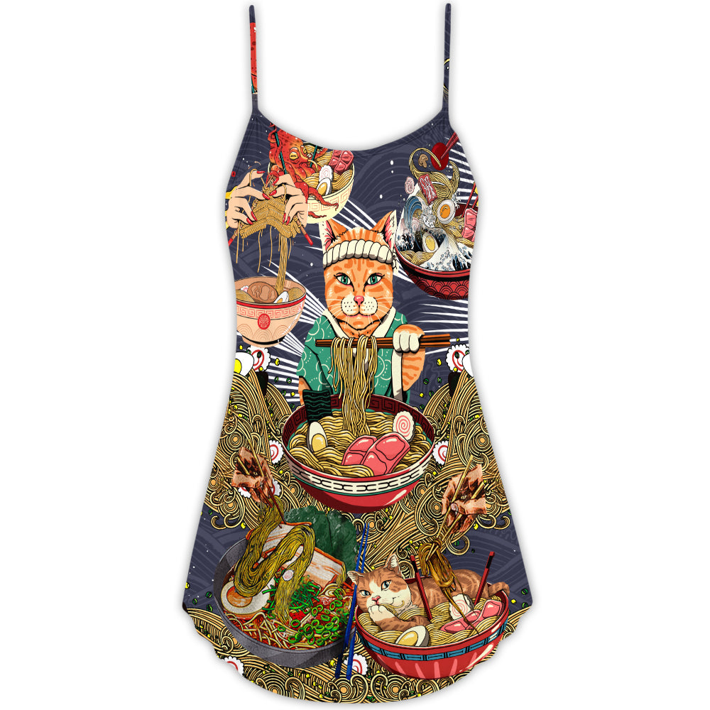 Cat Eating Ramen Lovely V-Neck Sleeveless Cami Dress For Summer Events And Comfortable Everyday Style